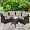 Outdoor wicker sofa set with soft cushions and coffee table, perfect for garden or patio relaxation.