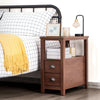 Compact brown wooden end table with 2 drawers and shelf, featuring retro metal handles, ideal for bedroom or living.
