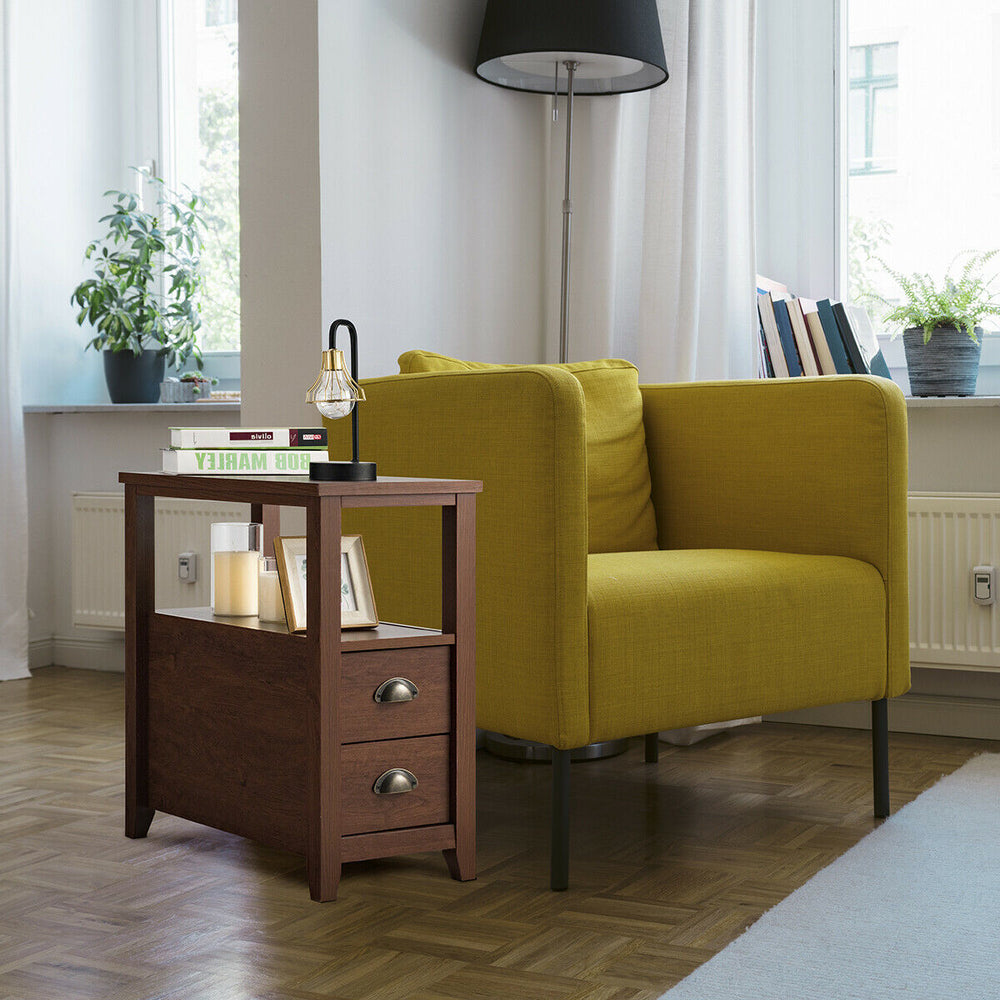 Compact brown end table with two drawers and shelf, featuring retro metal handles, ideal for bedroom or living room use.