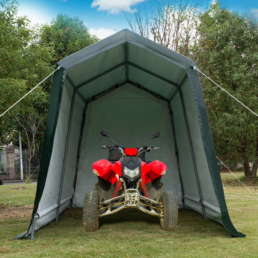 Outdoor carport shed with waterproof PE cover, featuring a sturdy steel frame and removable double zipper door for easy.