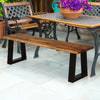 Solid acacia wood patio bench with metal legs, featuring a polished surface, perfect for outdoor dining setups.