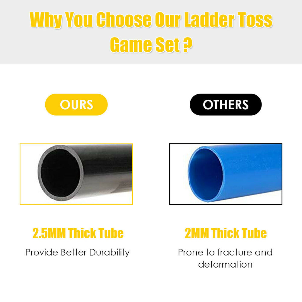 Ladder toss game set with 2.5mm thick PVC tubes for durability, designed for 2-4 players, ideal for outdoor fun.