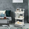 3-tier white utility cart with casters, featuring ABS baskets and metal frame, ideal for versatile home storage.