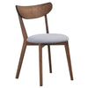 Upholstered dining chair with curved back and rubber wood legs, perfect for comfort in dining rooms or kitchens.