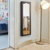Brown wall-mounted jewelry armoire with full-length mirror and 5 LED lights, ideal for organized storage and.