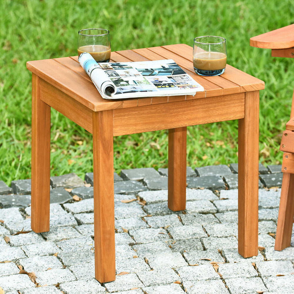Wooden square patio coffee bistro table in natural acacia wood, waterproof and scratch-resistant, ideal for outdoor use.
