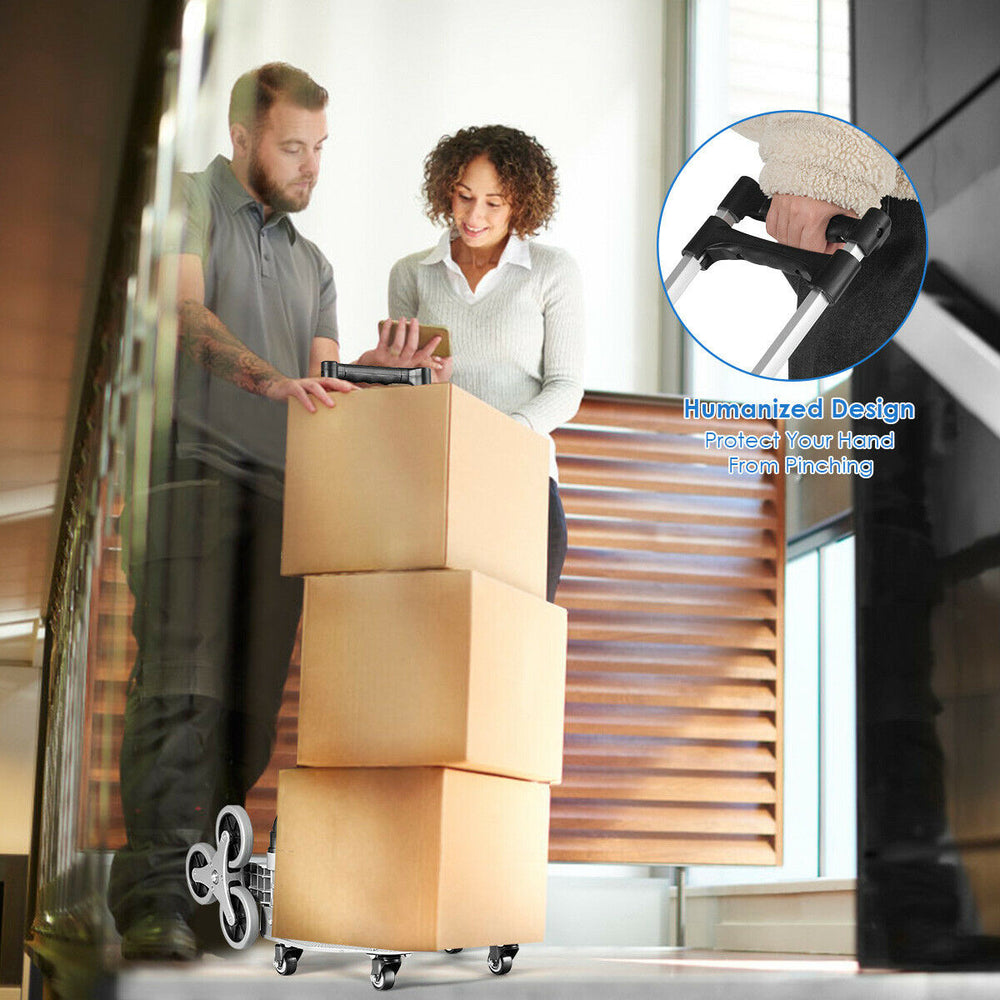 Portable folding stair climbing hand truck in use, showcasing its 360° swivel casters for smooth rolling on flat.