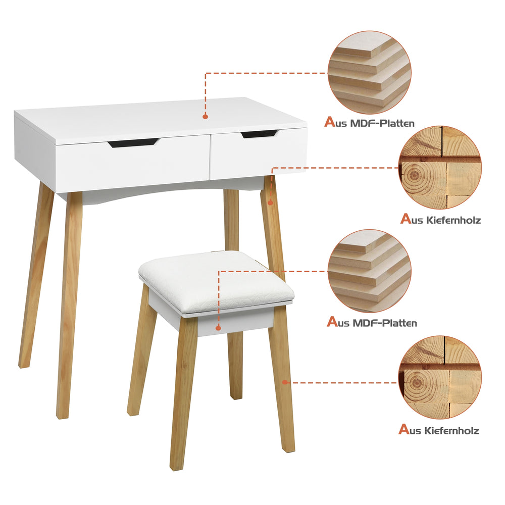 Wooden vanity table with cushioned stool, featuring MDF and pine wood, ideal for makeup or as a writing desk.