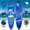 Inflatable stand up paddle board in blue with non-slip deck, adjustable paddle, and three fins for stability and speed.