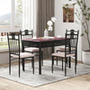 Dining set featuring a wood and metal table with four cushioned chairs, perfect for elegant dining experiences.