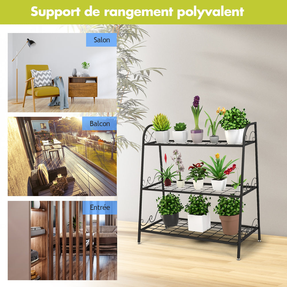 3-tier metal plant stand shelf with solid steel frame, ideal for displaying plants and decorations in various spaces.