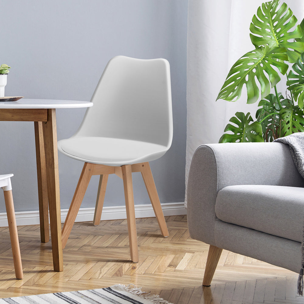 Set of 4 Dining Chairs Mid-Century Modern Shell PU Seat with Wooden Legs-White - Gallery View 1 of 9