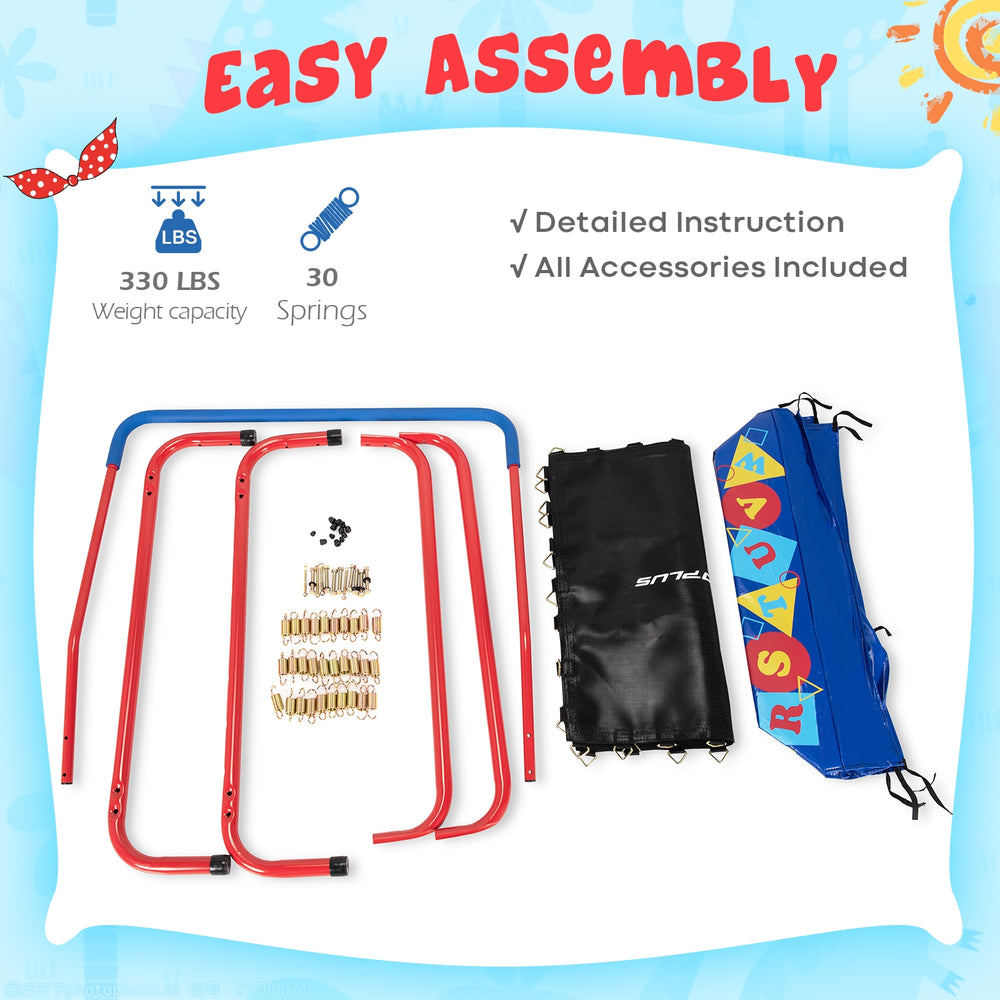 36-inch kids square trampoline with foamed handrail, safety cover, and 330 lbs weight capacity for indoor and outdoor.