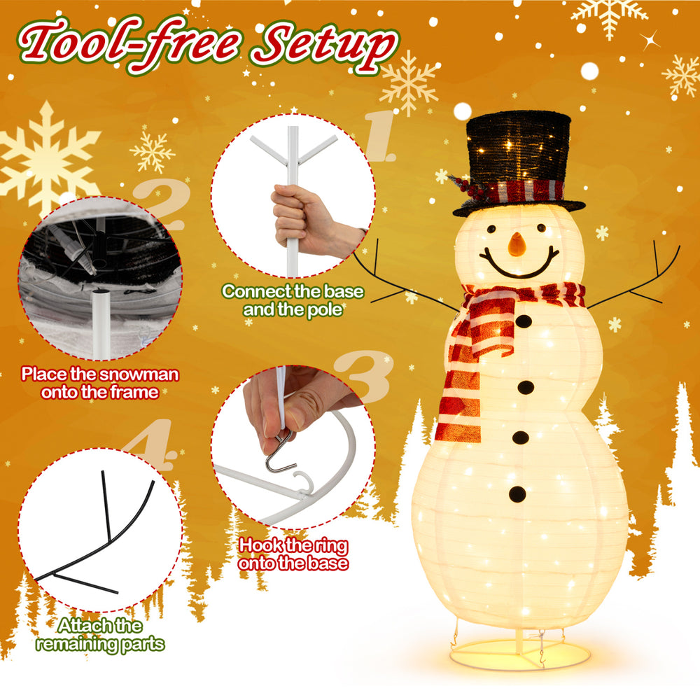 Lighted 4.2 ft Christmas snowman decoration with 120 LED lights, featuring a tool-free setup for easy indoor and outdoor use.