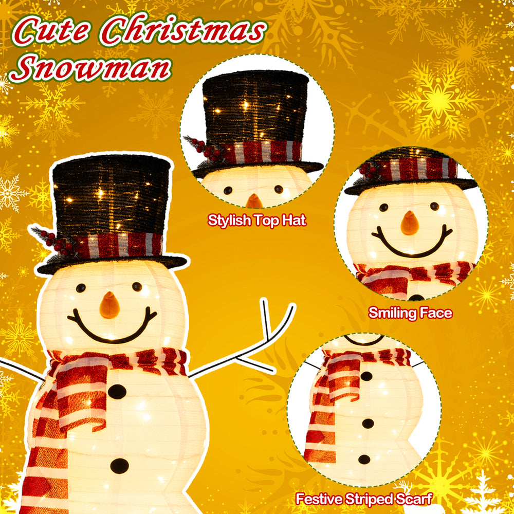 Lighted 4.2 ft Christmas snowman decoration with stylish top hat, smiling face, and festive striped scarf for holiday cheer.