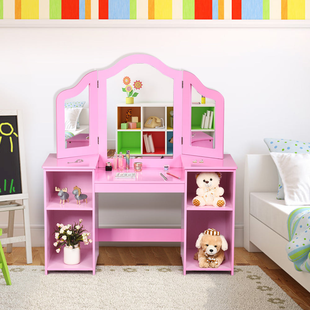 Kids Tri Folding Mirror Makeup Dressing Vanity Table Set-Pink - Gallery View 1 of 11