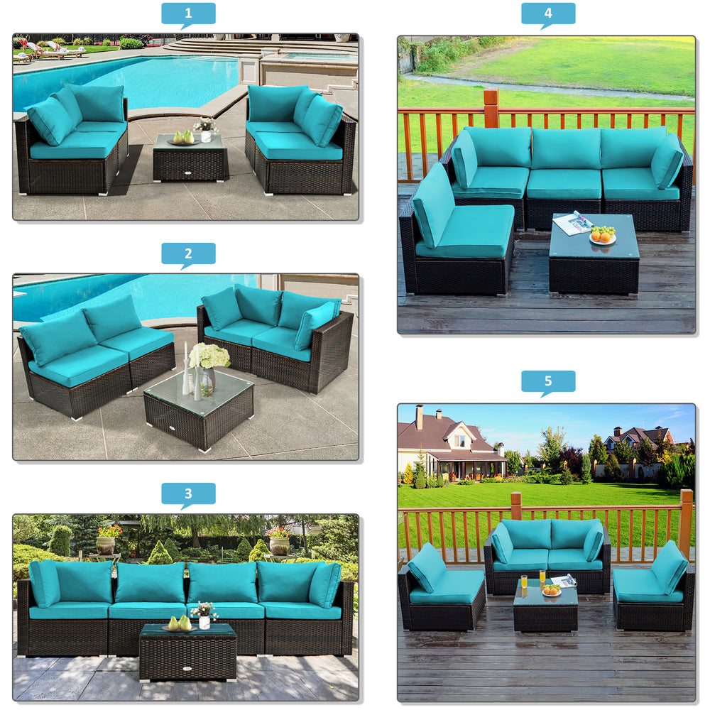 Turquoise cushioned patio rattan furniture set with coffee table, ideal for outdoor relaxation and stylish decor.