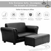 Kids black double sofa with ottoman, made of breathable PU, perfect for playrooms and reading, supports up to 132 lbs.