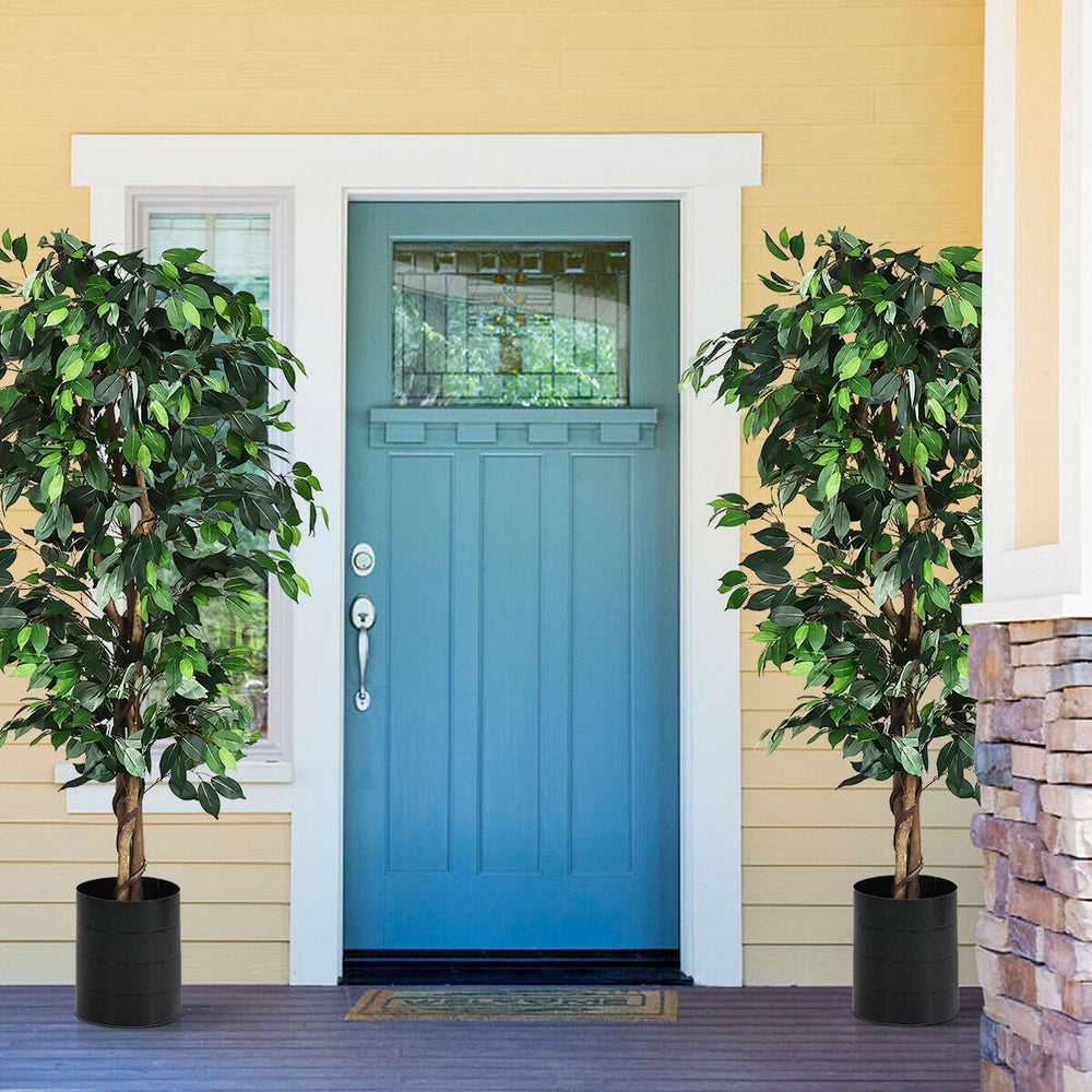 6 feet artificial ficus silk tree with realistic leaves and cement base, ideal for home entrance or office decor.