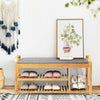 Bamboo shoe rack bench with cushion, featuring three tiers and ergonomic design, perfect for entryway seating.