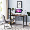 Tan writing desk with a spacious surface, 4-tier shelf, and adjustable legs, perfect for efficient home office.
