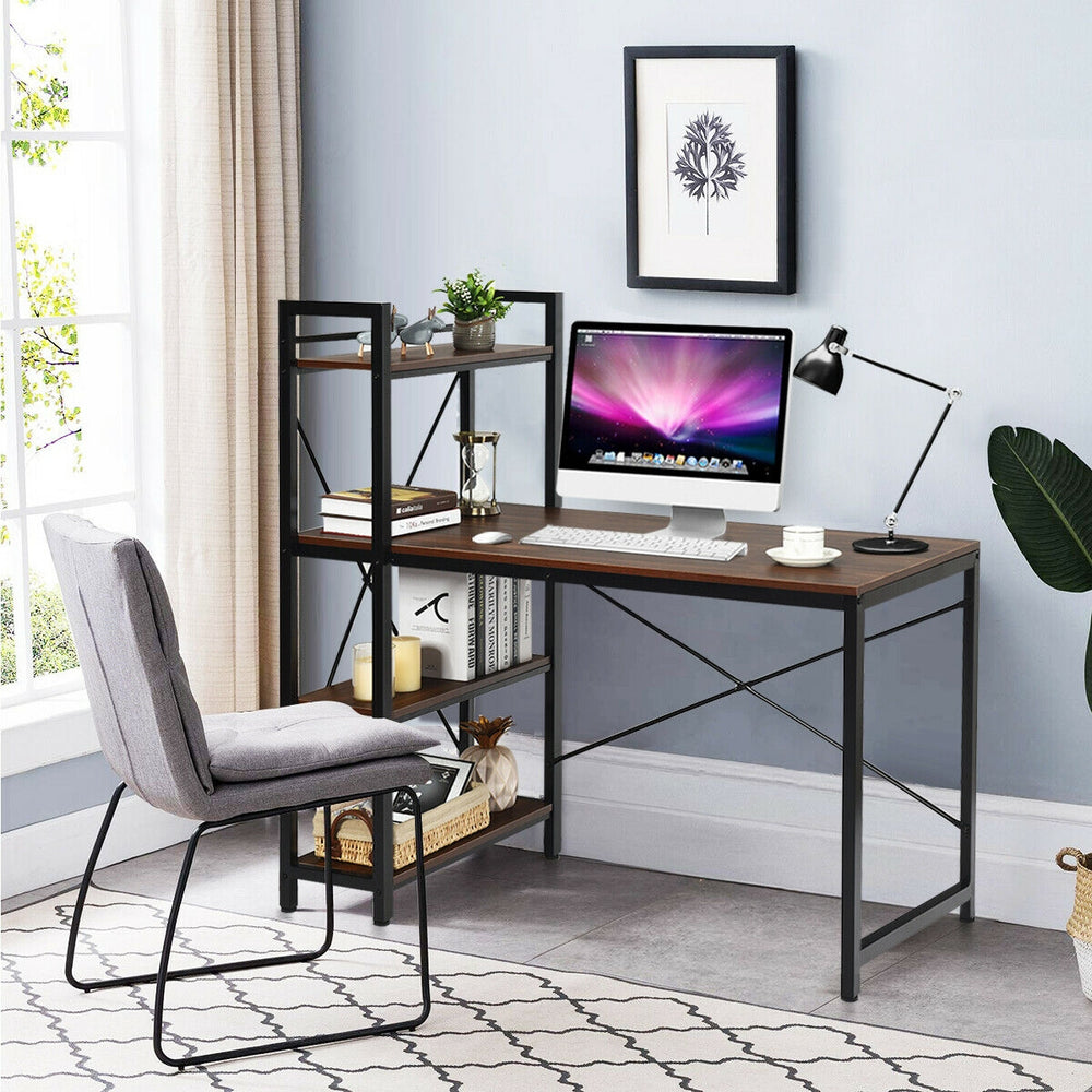 Tan writing desk with a spacious surface, 4-tier shelf, and adjustable legs, perfect for efficient home office.
