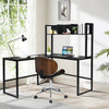 L-shaped black desk with open storage hutch, ideal for multitasking in home or office environments.