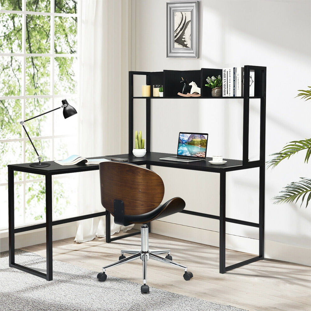 Reversible L-Shaped Corner Desk with Storage Bookshelf-Black - Gallery View 1 of 12
