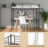 Metal loft twin bed frame in black with a 12" raised guardrail and side ladder, ideal for sleeping and studying.