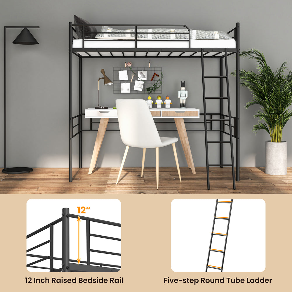 Metal loft twin bed frame in black with a 12" raised guardrail and side ladder, ideal for sleeping and studying.