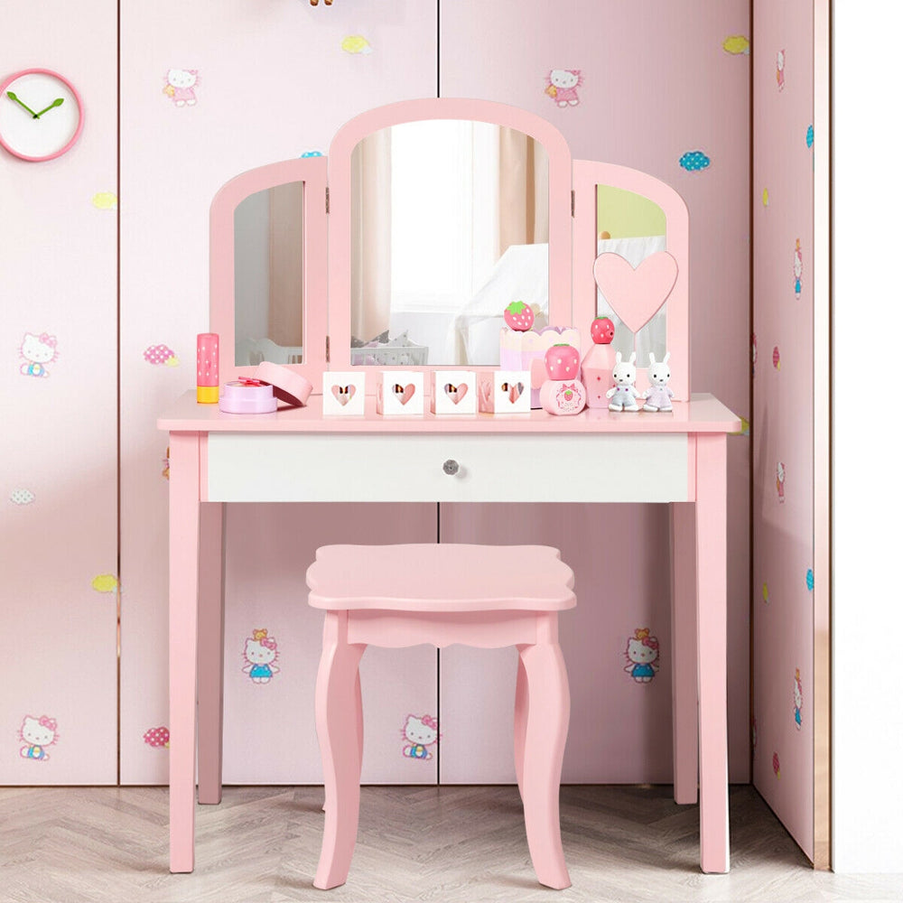 Kids Princess Make Up Dressing Table with Tri-folding Mirror and Chair-Pink - Gallery View 1 of 12