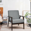 Gray fabric accent armchair with solid rubber wood frame, ergonomic armrest, and thick cushion for maximum comfort.