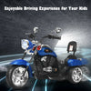 Chopper style 6V 3-wheel kids motorcycle in blue with adjustable headlight and wide seat for comfortable driving.