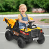 Kids ride-on dump truck in yellow with electric bucket, remote control, and safety features for outdoor fun.