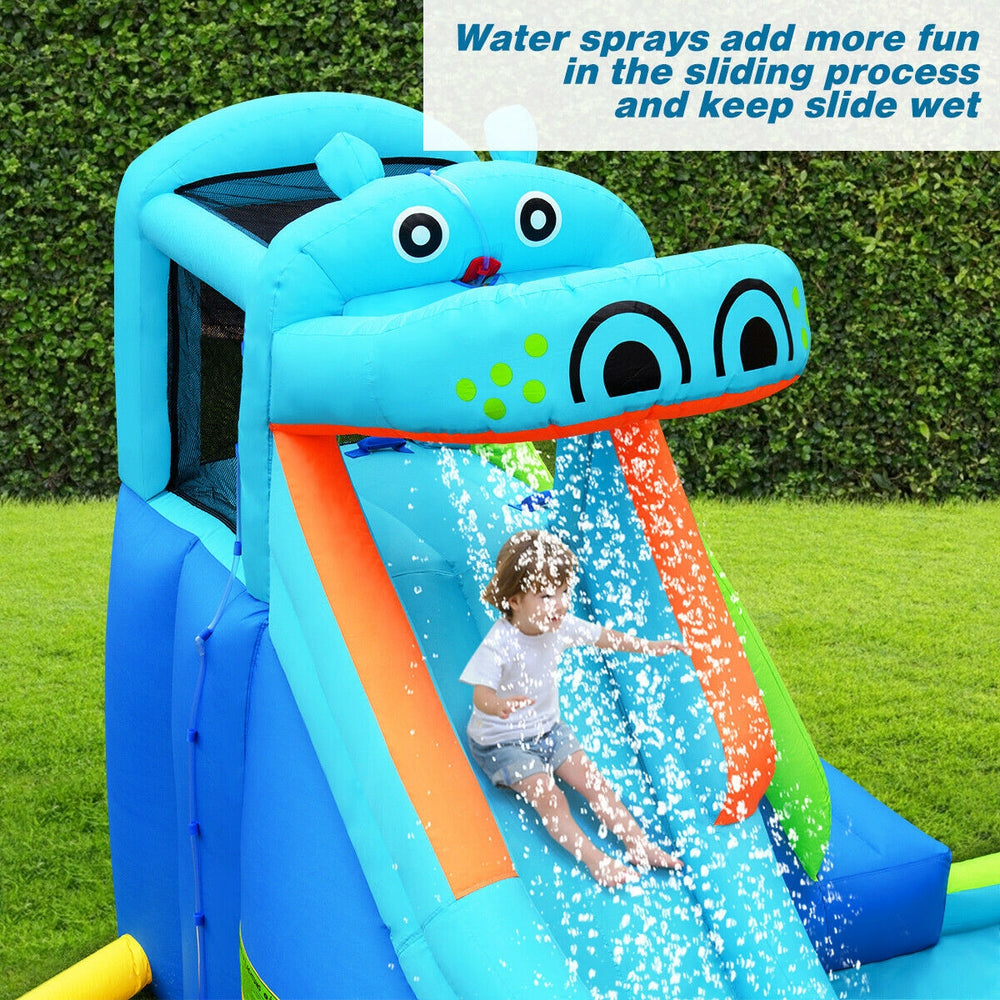 Hippo inflatable water slide with sprayers, large splash pool, and climbing wall for fun summer play.