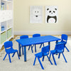 Blue plastic stackable classroom chairs arranged around a table, ideal for kids aged 3-8 for indoor and outdoor use.