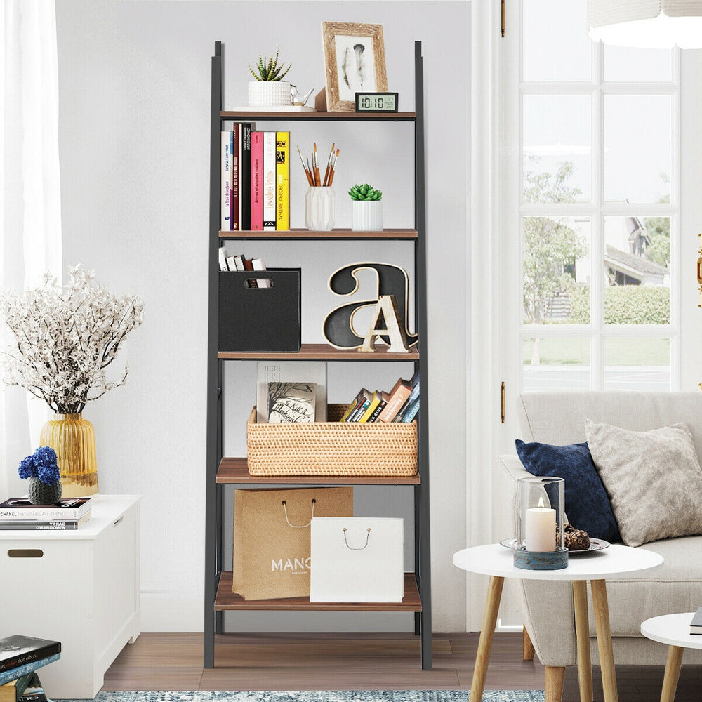 5-tier leaning bookshelf with a stylish trapezoidal design, made of steel and particle board, ideal for home storage.