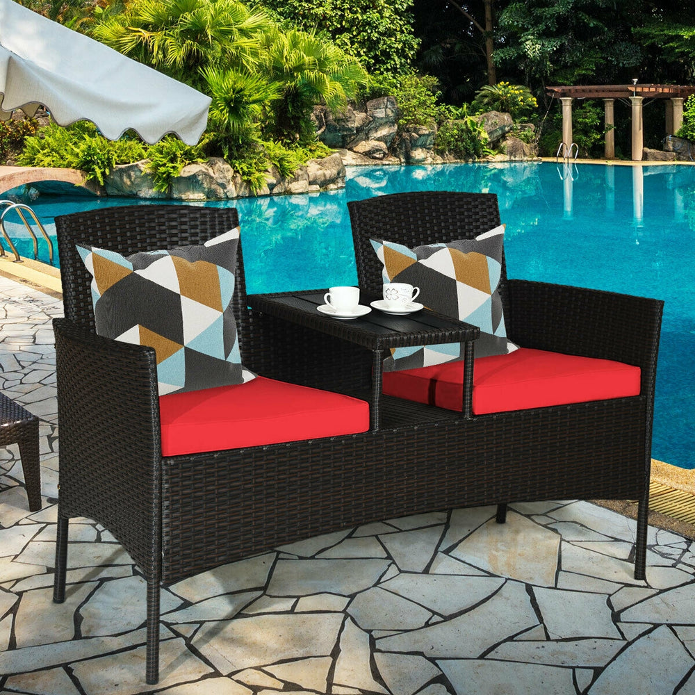 Modern Patio Conversation Set with Built-in Coffee Table and Cushions -Red - Gallery View 1 of 10