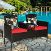 Side view of the Modern Patio Conversation Set showcasing cozy red cushions and a practical trapezoid coffee table.