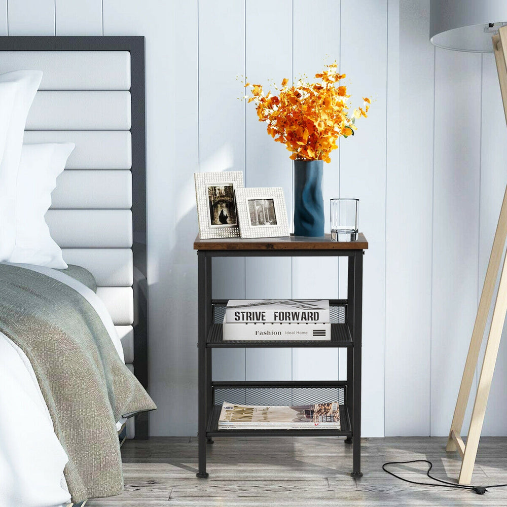 3-tier industrial end table with adjustable mesh shelves, sturdy steel frame, perfect for bedroom or living room.