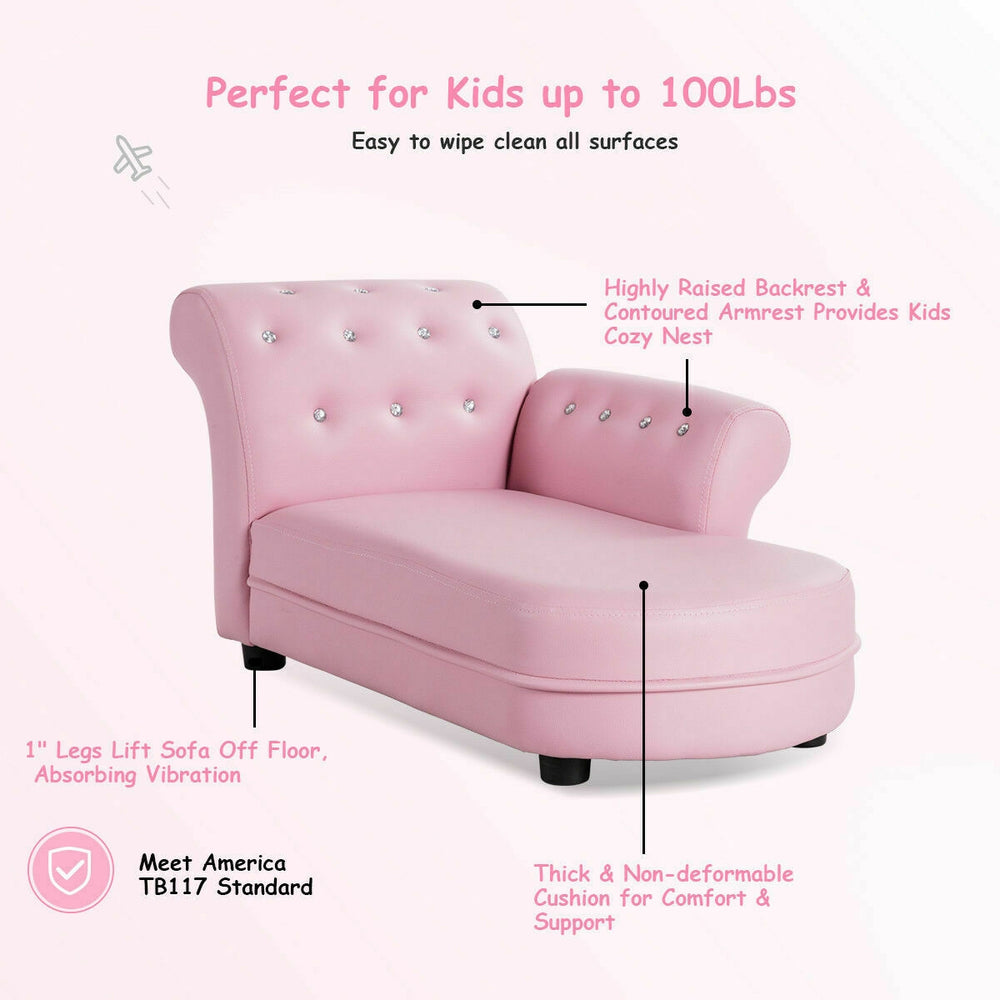 Kids chaise lounge sofa in pink with gem-studded armrest, high-density sponge for comfort, perfect for slumber parties.