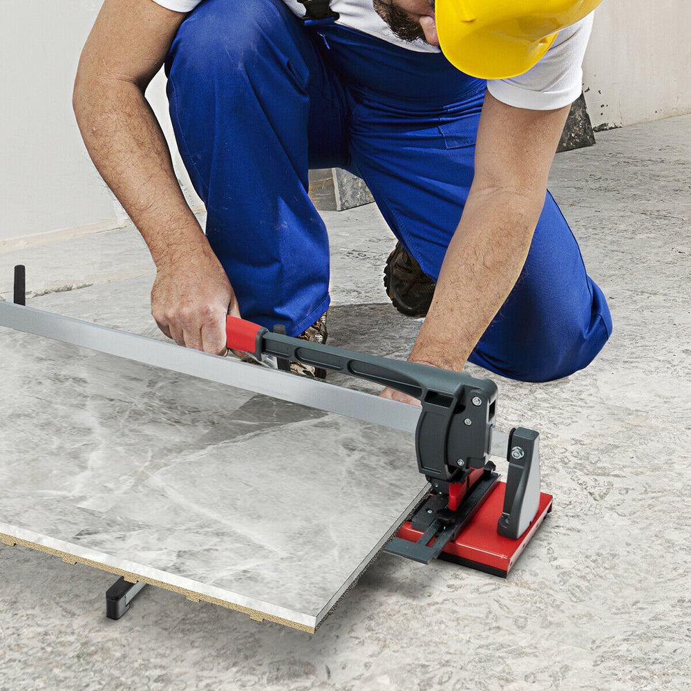 Manual tile cutter with sharp tungsten carbide blade, ergonomic handle, and adjustable side brackets for precise.