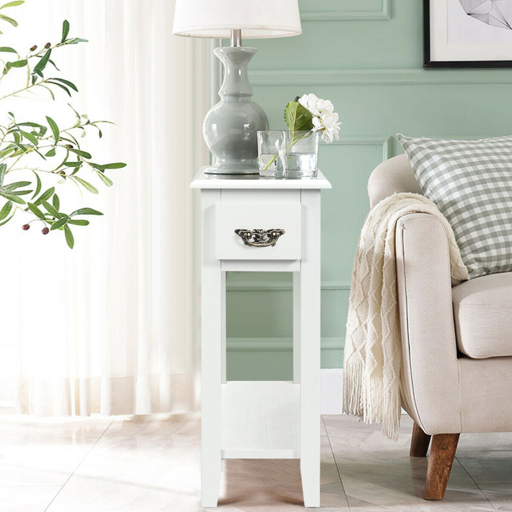 Narrow white 2-tier end table with drawer and lower shelf, made of durable P2 MDF and rubber wood, ideal for small.