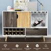 Mid-century buffet sideboard with wine rack, storage drawer, and glass holder, made of engineered wood for durability.