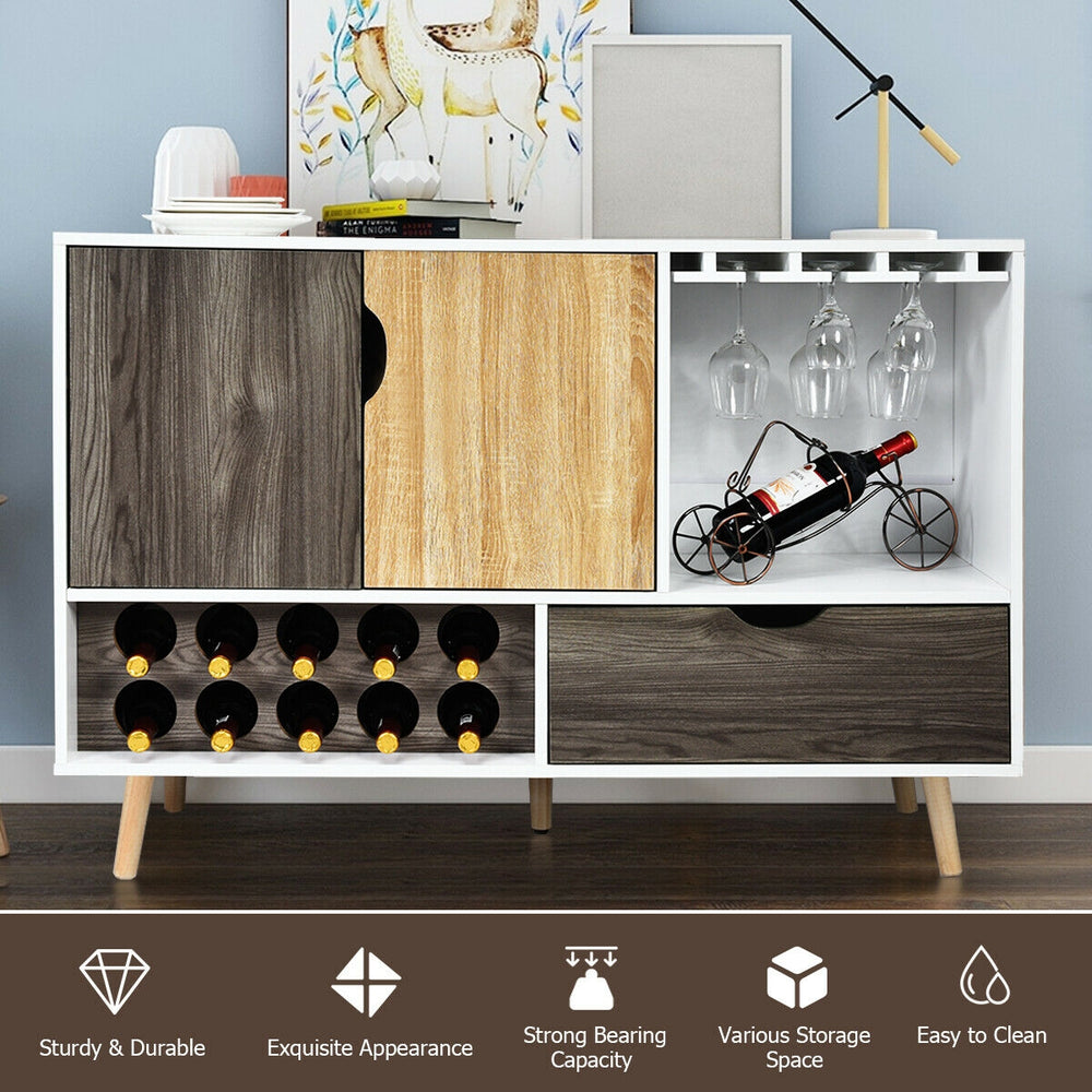 Mid-century buffet sideboard with wine rack, storage drawer, and glass holder, made of engineered wood for durability.