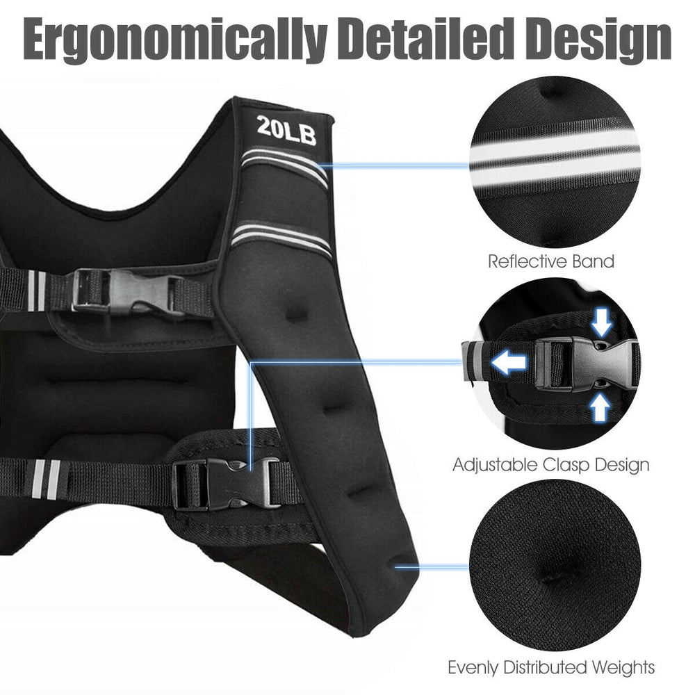 Adjustable 20 lbs training weight vest featuring breathable materials, reflective band, and evenly distributed weights.