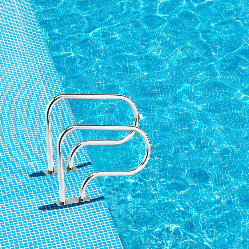 Stainless steel swimming pool handrail with a square base, designed for easy entry and exit, showcasing a curved.