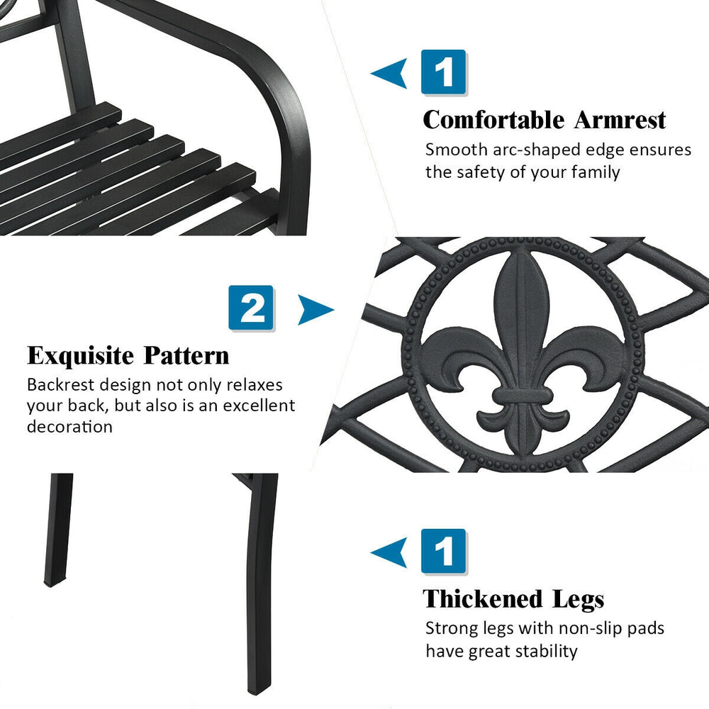 50-inch patio heavy-duty metal garden bench with exquisite backrest, sturdy legs, and smooth armrests for outdoor.