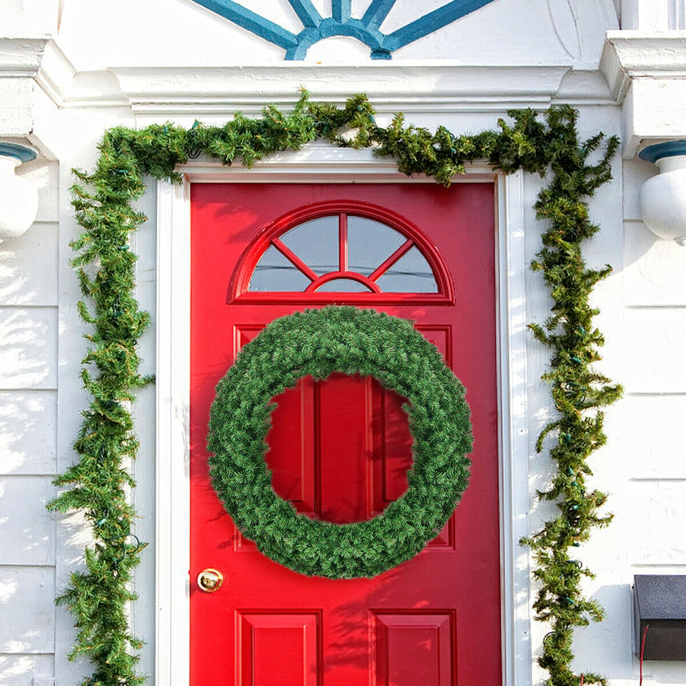 48-inch pre-lit artificial Christmas wreath with 200 LED lights, lush green design, perfect for front door decoration.