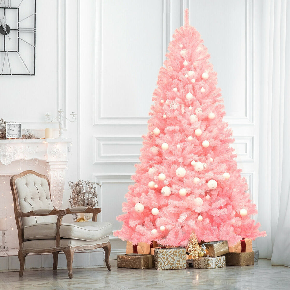 Full view of a 7.5 feet pink artificial Christmas tree with ornaments, ideal for festive home and commercial decoration.